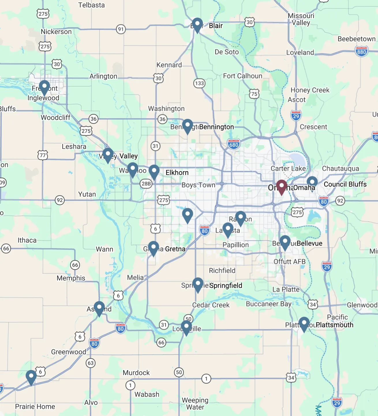 Map of the Omaha metro marking communities Monarch serves
