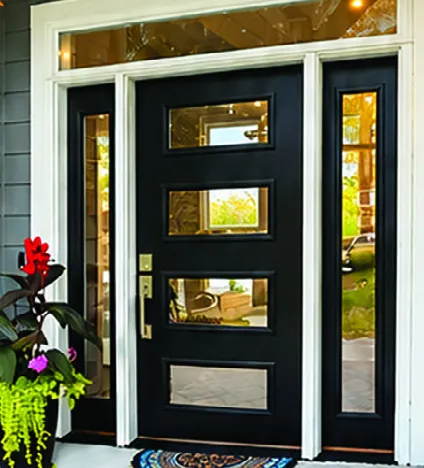 Black entry door with glass inserts, sidelights and a transom