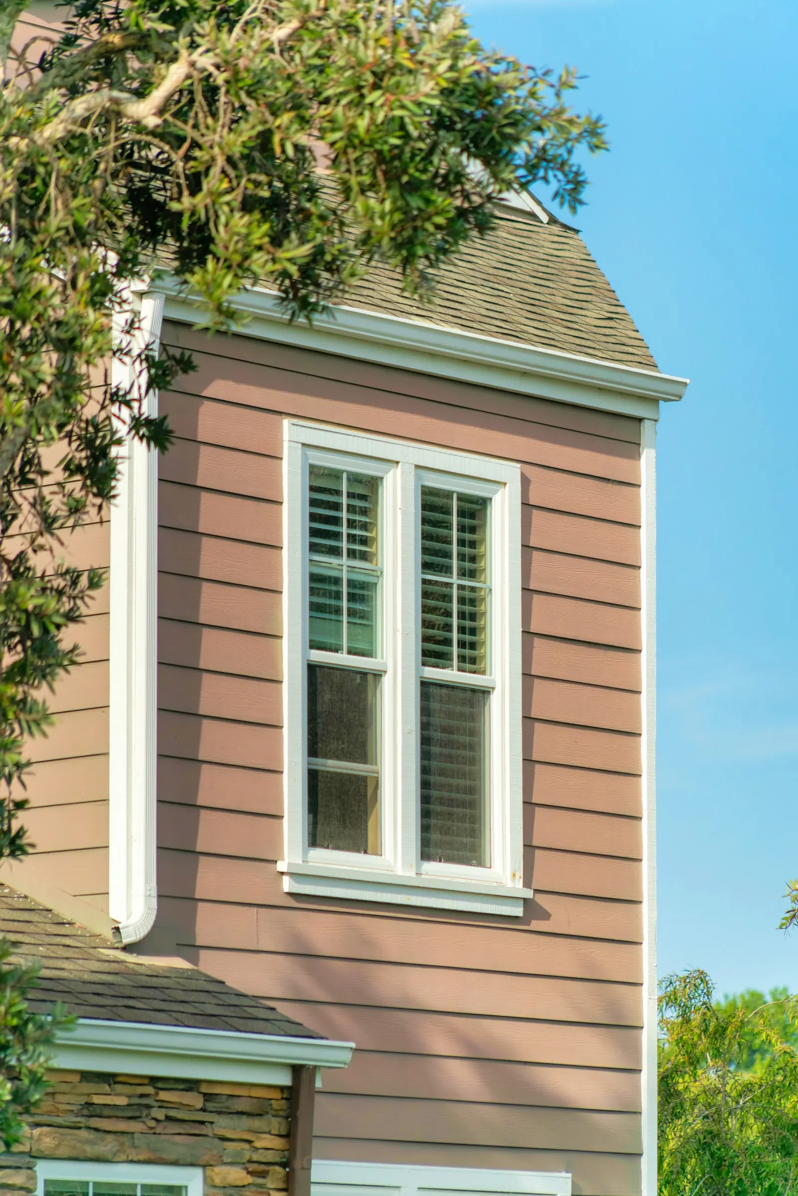A pair of white hung windows set in lap siding under the eave